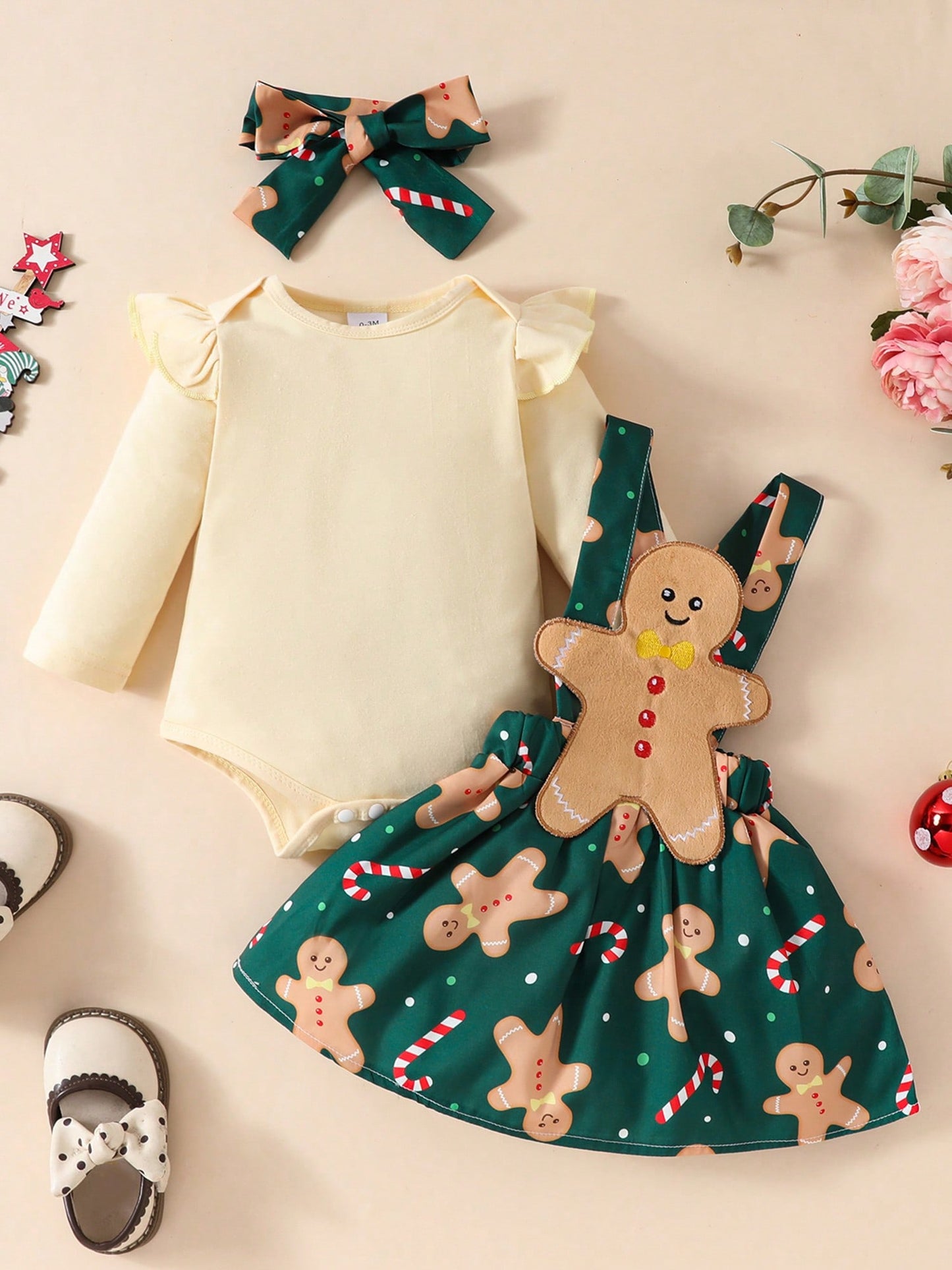 Newborn Baby Girl Christmas Outfits Ruffle Long Sleeve Romper Gingerbread Man Suspender Dress Fall Winter Clothes