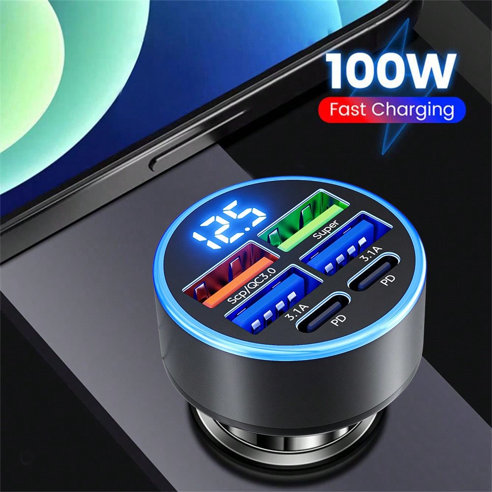 OLAF 4-Port USB Car Charger With Digital Display, Fast Charging Adapter Compatible With IPad, Android Phones, Laptops, Compact And Efficient Design, Convenient Charging Anytime, Anywhere, Great Gift F