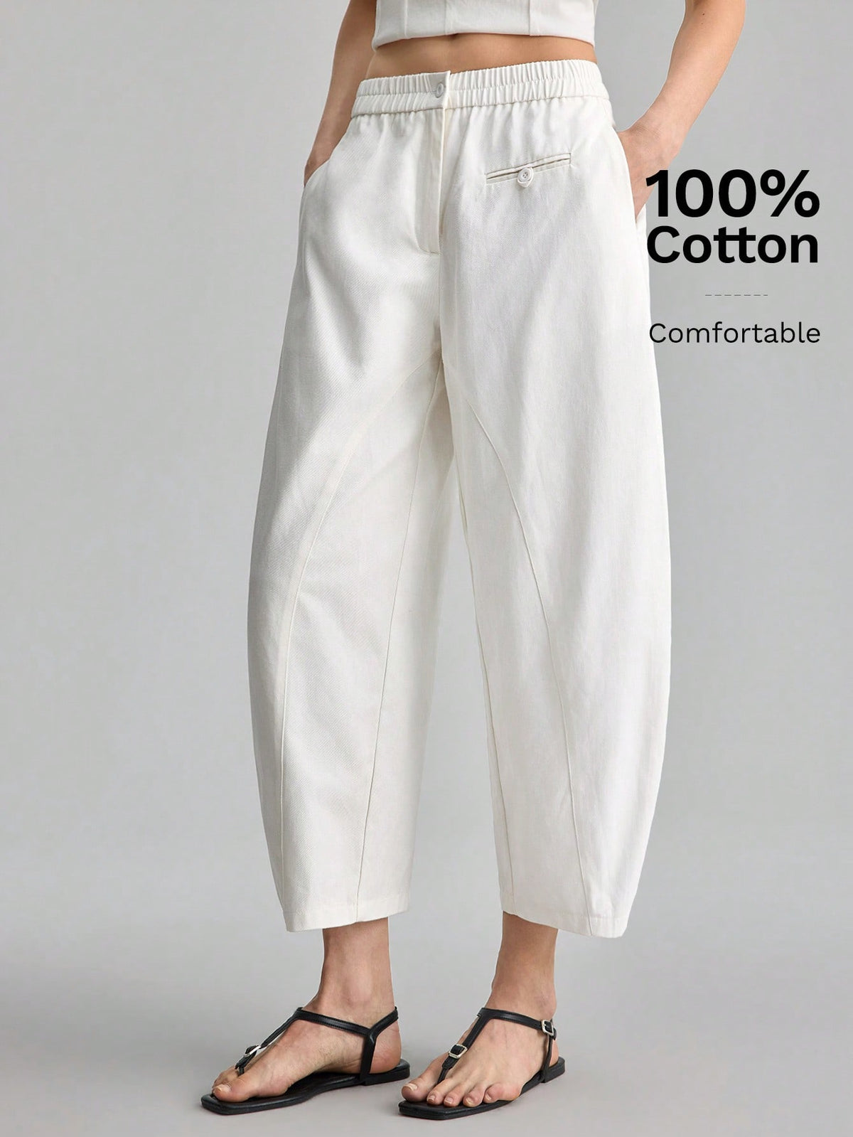 Ontre Women's Off-White Curved Waistband Cropped Pants, Autumn Casual Vacation Trousers For Beach Brunch, Music Festival, Minimalist Elegant Styling