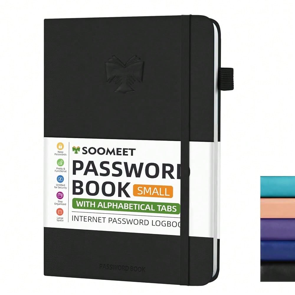 Password Book With Alphabetical Tabs, Hardcover Password Keeper, Size 4.4''x 6.1'' Password Notebook For Saving Internet Login, Username, Password Organizer For Computer Website Logins, Black