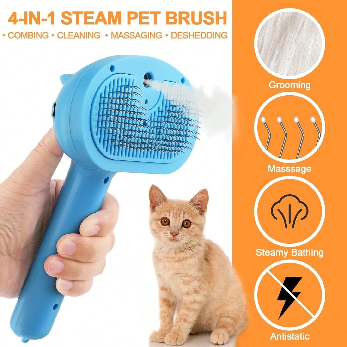 Pet Steam Brush For Dogs, 4 In 1 Cat Steam Brush For Long Short Haired, Self Cleaning Brush For Shedding, Metal Pet Misting Hair Comb With Handle For Grooming Kitten Dog