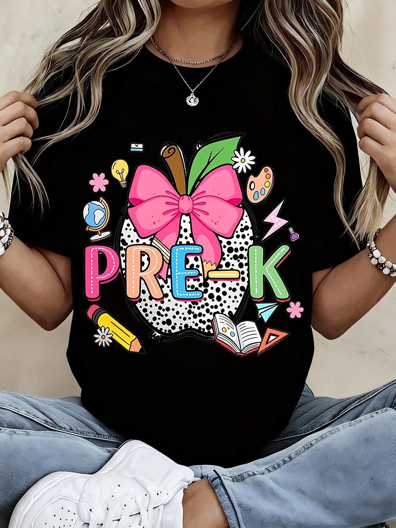 Pre K Teacher T Shirt Black Apple With Pink Bow And School Supplies Print For Preschool Teachers And Students