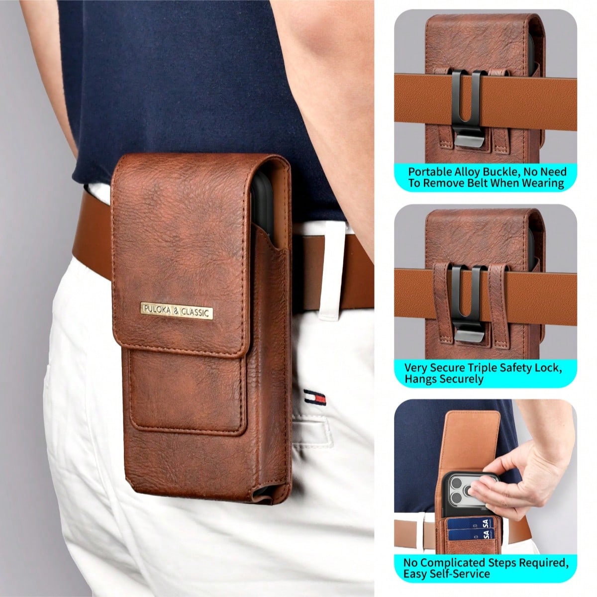 PULOKA PU Crazy Horse Leather Waist Bag With Phone Slot And Card Slot, Vertical Waist Bag Phone Case, Suitable For Outdoor, Fitness, Travel, Hands-Free Smartphone Carrying Bag