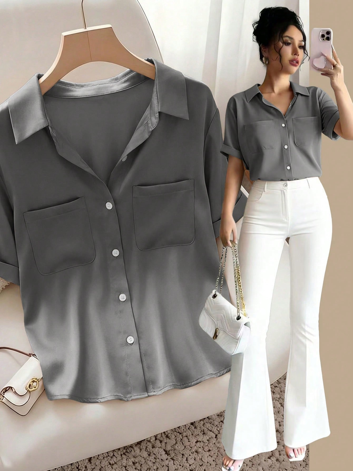 Raffinéa French Elegant Gray Summer Minimalist Smart Casual Everyday Polo Collar Pocket Design Short Sleeve Woven Fabric Blouse For Women For Office Travel