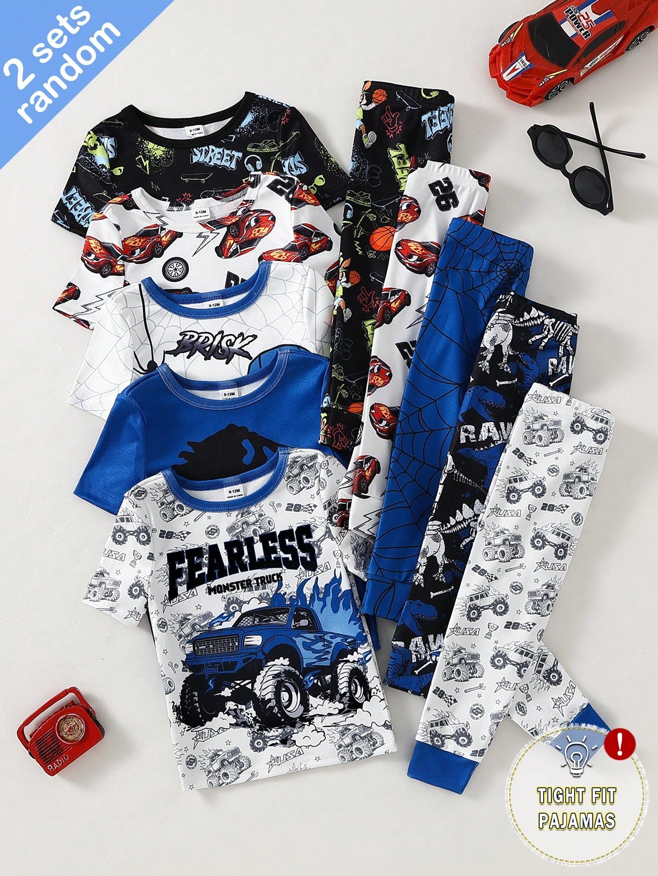 Randomly Sent 2 Sets Of Baby Boy Fashionable Cool Minimalist Classic Casual Daily Comfortable Soft High Elasticity Knit Tight Fabric Blue Multicolor Dinosaur Off-Road Car Racing Car Rabbit Sports Foot