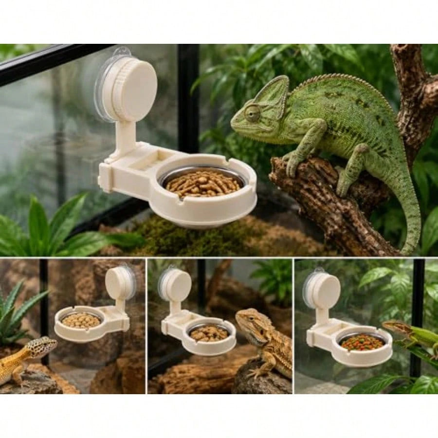 Reptile Feeding Ledge With Suction Cup Removable Stainless Steel Bowl Feeder Aquarium Terrarium Food Water Dish Accessory For Gecko Chameleon Bearded Dragon Lizard