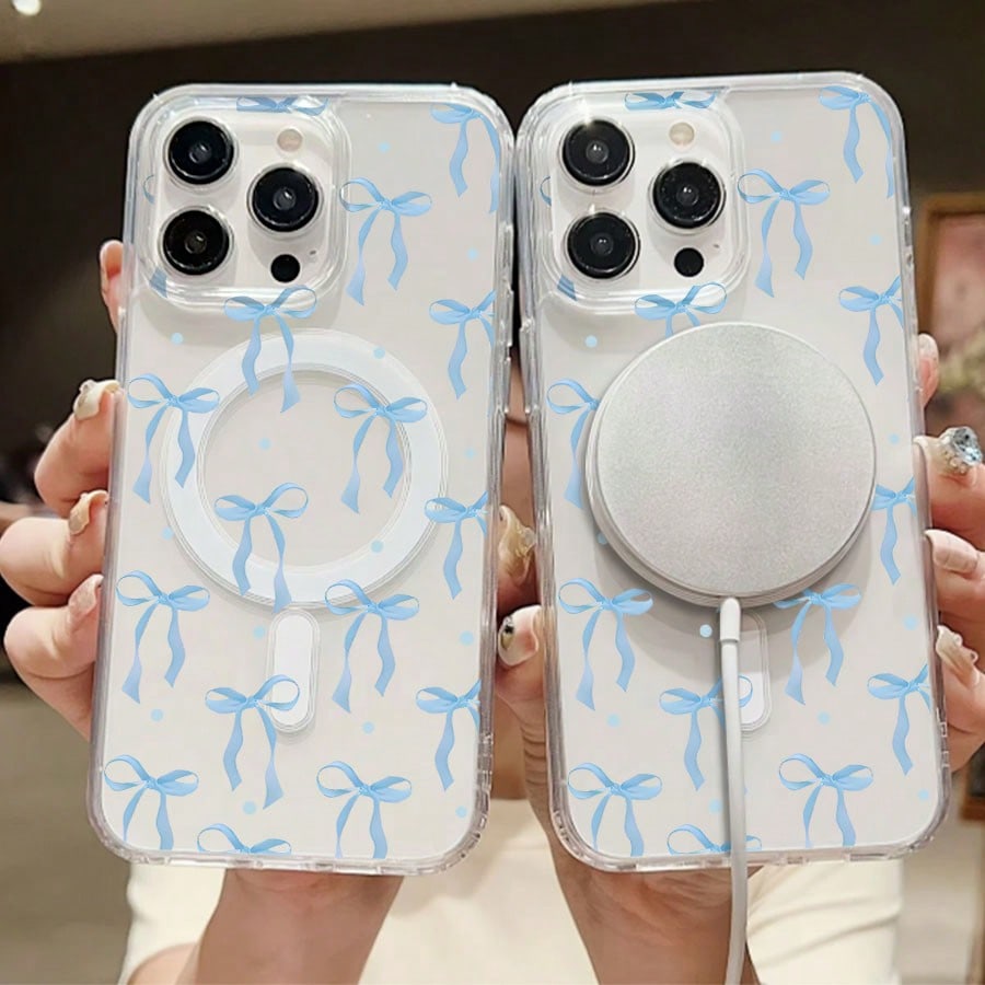 Ribbon Mobile Phone Case, Designed With Blue Bows And Polka Dots, Suitable For IPhone 16, 15, 14, 13, 12 And 11 Pro Models, Made Of TPU Material, And Provides Shockproof Protection. Perfect For Family