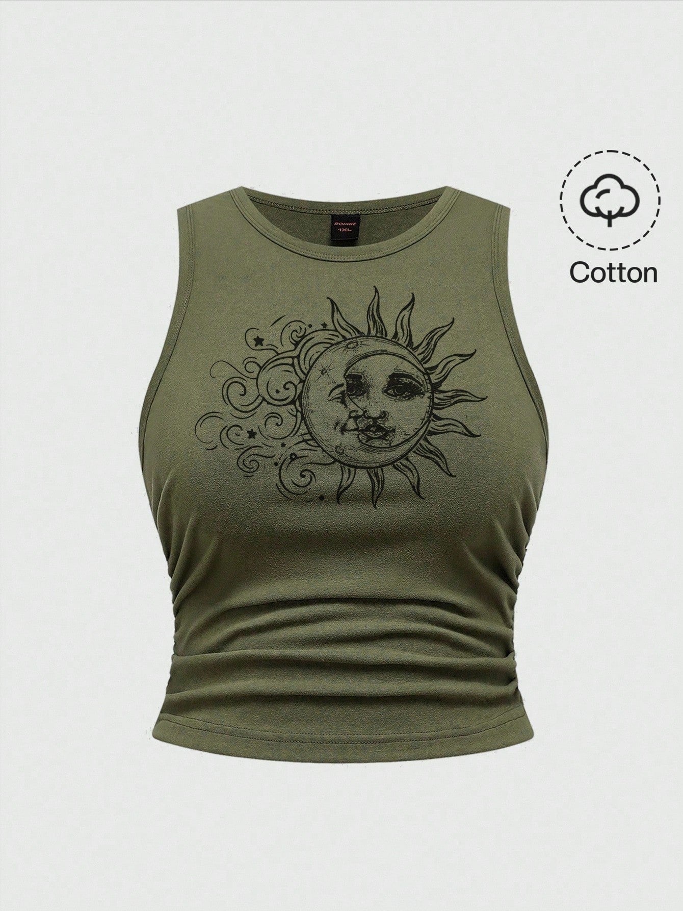 ROMWE Fairycore Spring/Summer Casual Graphic Plus Size Hippie Sun Cute Vacation Elastic Ruched Green Tank Top Suitable For Going Out,Back To School