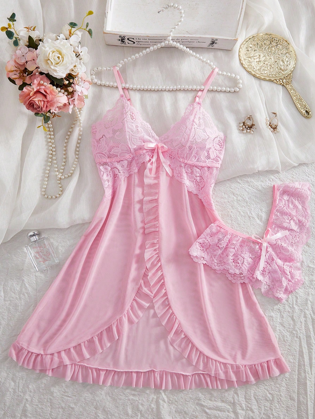 ROMWE Kawaii 2pcs Set Women Sexy Lace Lingerie Sleepwear Set, For Homewear For Going Out