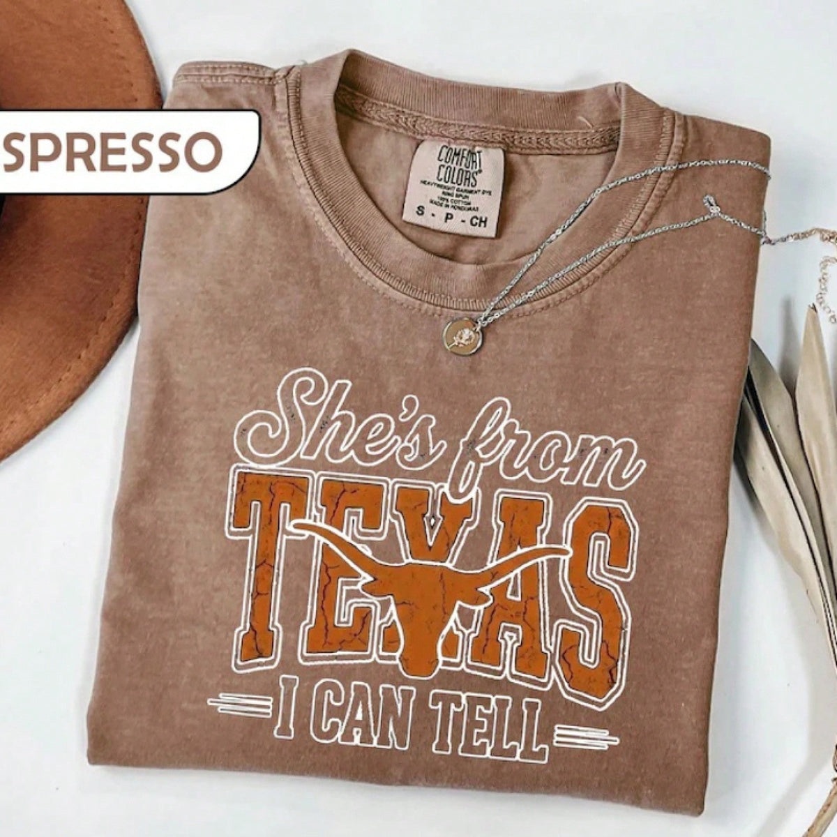 She's From Texas I Can Tell Graphic Tees Shirt Tops, Retro Western Longhorn Country Music Casual Short Sleeve Top
