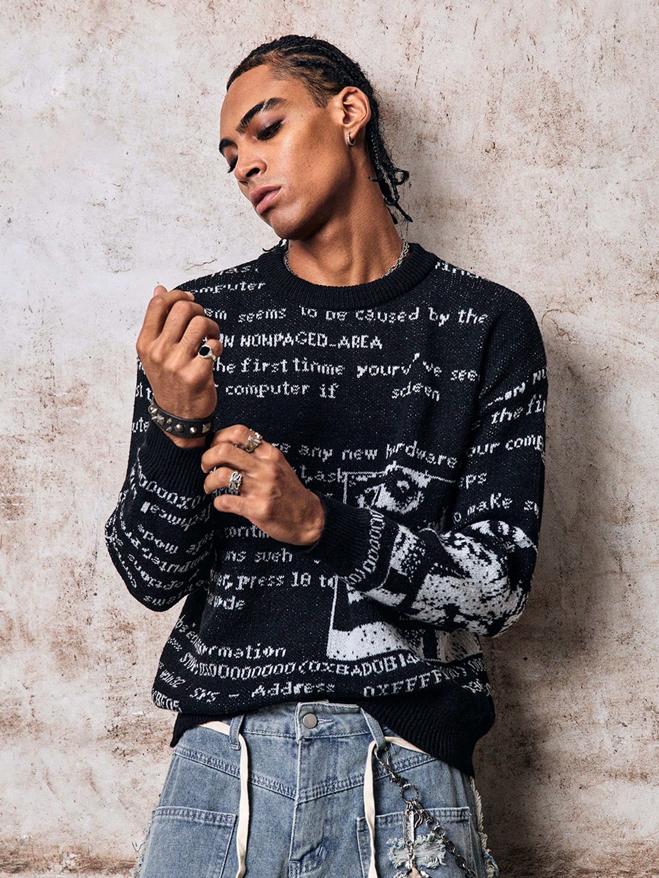 Skyrend ANDREILEE Autumn/Winter European & American New Unisex Casual Retro Abstract Letter Newspaper Print Jacquard Knit Crew Neck Sweater