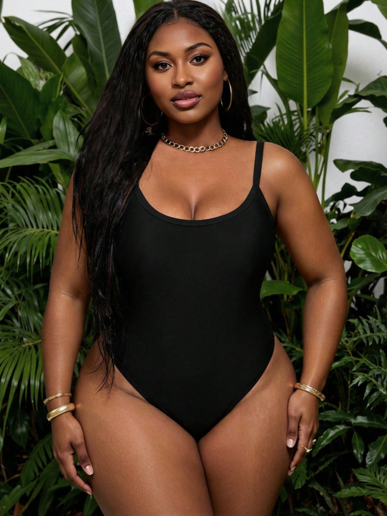 Slaydiva Plus Size Solid Color Spaghetti Strap One-Piece Swimsuit, Vacation & Beach For Summer