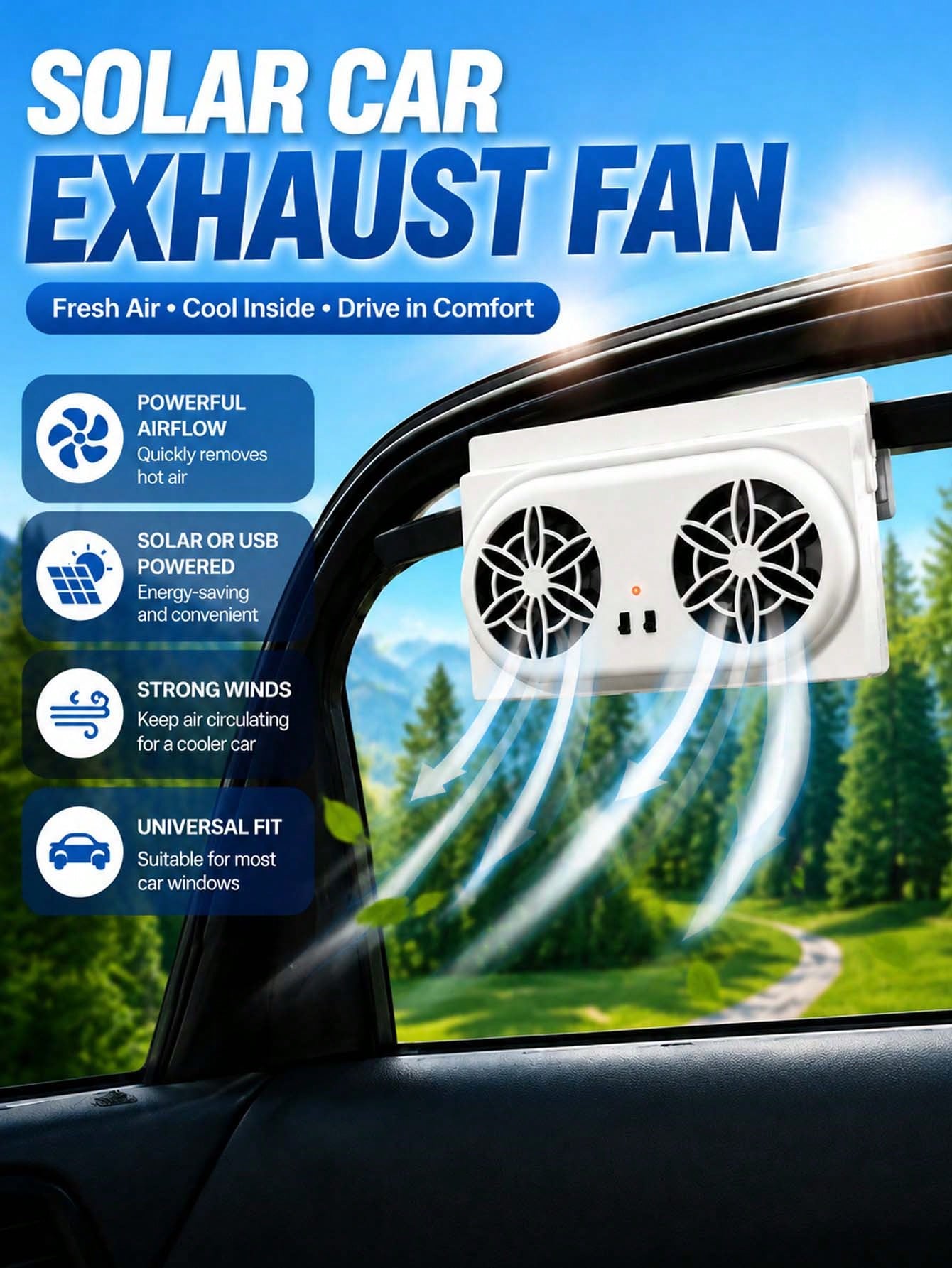 Solar Powered Car Exhaust Fan, Cooling Ventilator, Dual-Head Window Air Conditioner Cooler, Portable Car Air Circulation Fan, For Summer Cooling