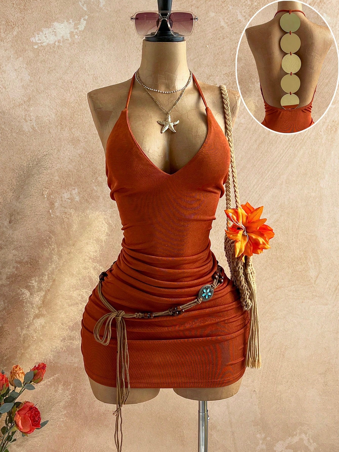 Soleia New Sexy V-Neck Spaghetti Strap Backless Metallic Splice Bodycon Mini Dress, Suitable For Dates, Parties, Bohemian, Boho, Vacation, Vintage, Holiday