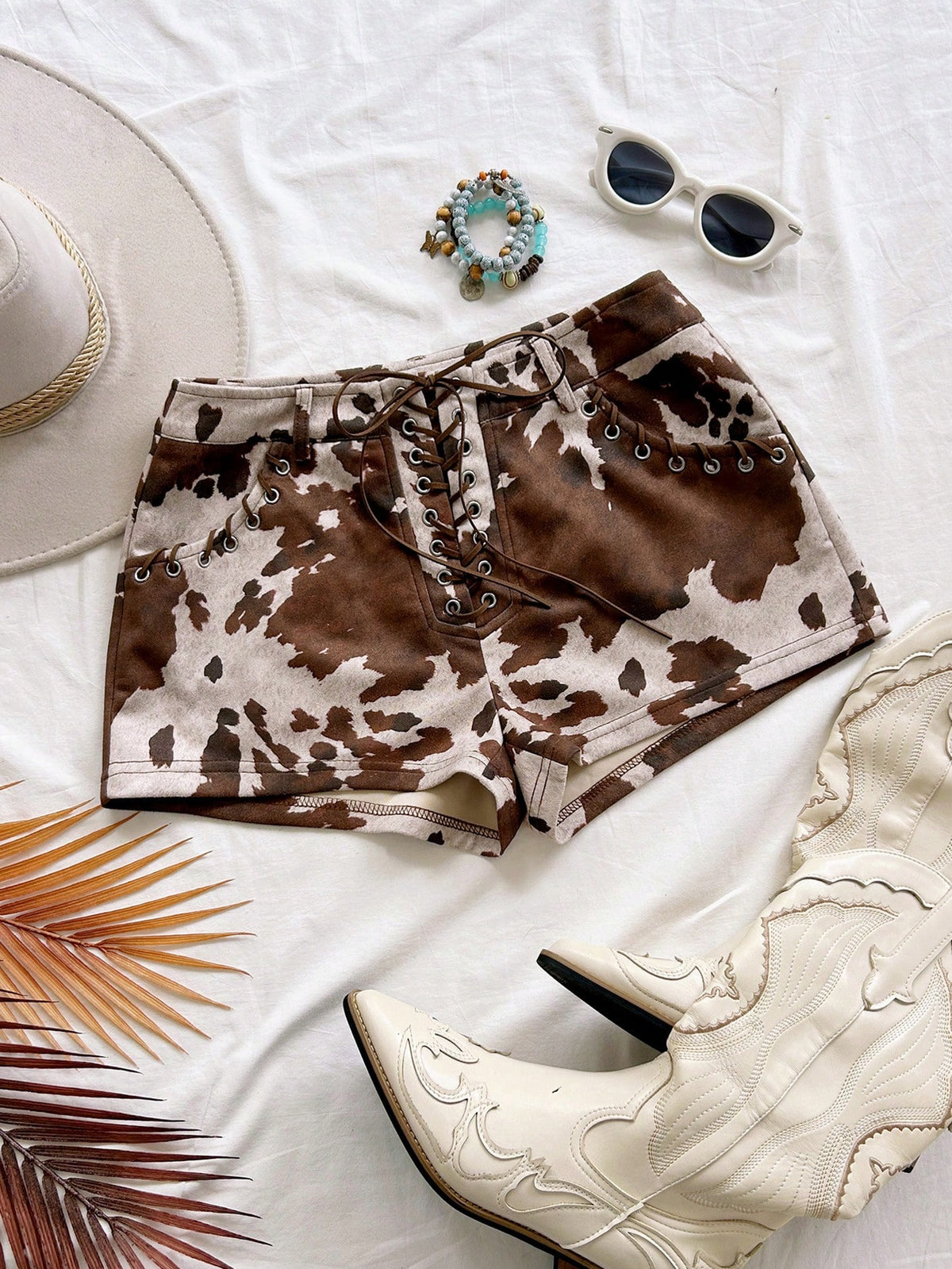 Soleia Women's Retro Cow Print Lace Up Shorts, Elastic Suede Casual Western For Summer, Music Festival, Party, Boho Hippie Vacation