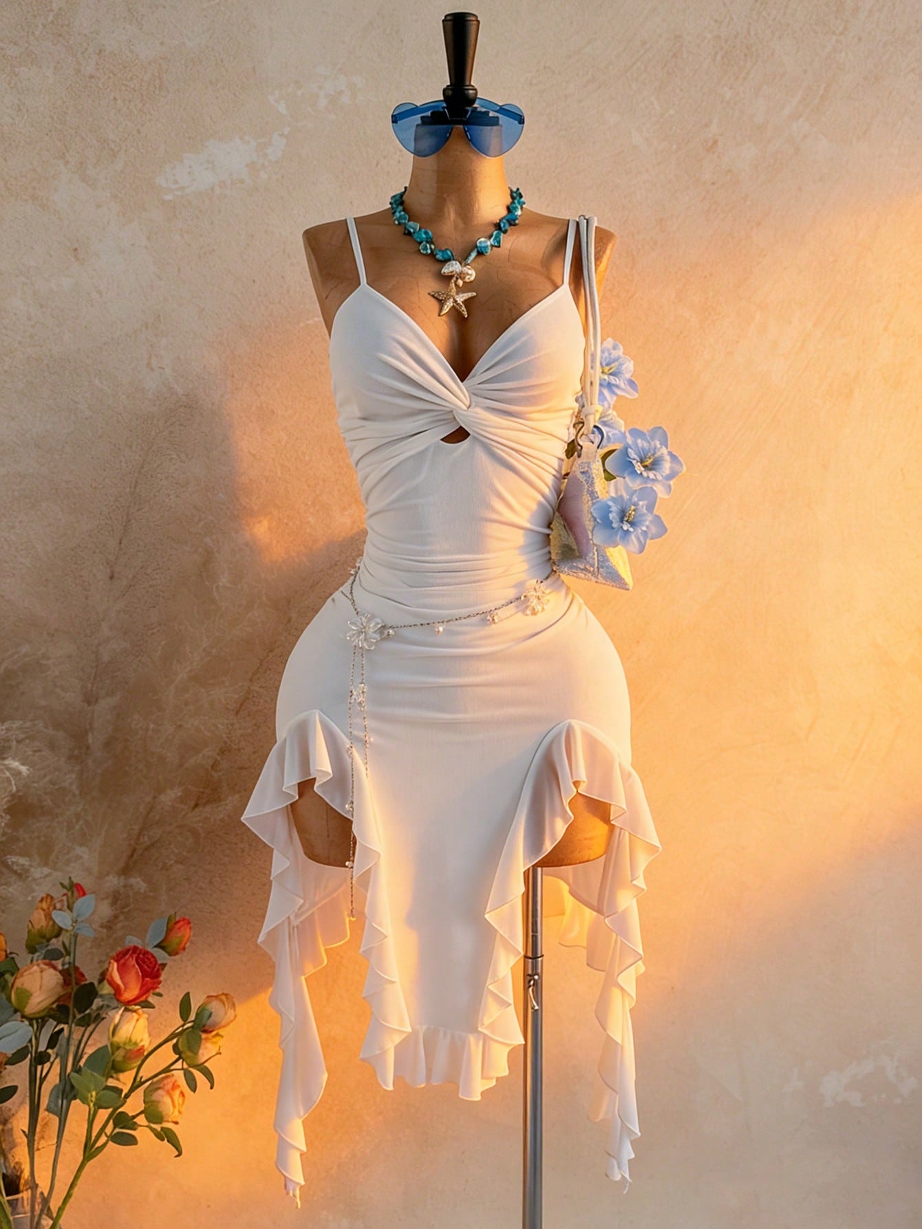 Soleia Women's Twist Asymmetric Hem Spaghetti Strap White Summer 70's Beach Vacation Club Holiday Party Disco Midi Dress,Elegant Sexy Wedding Guest