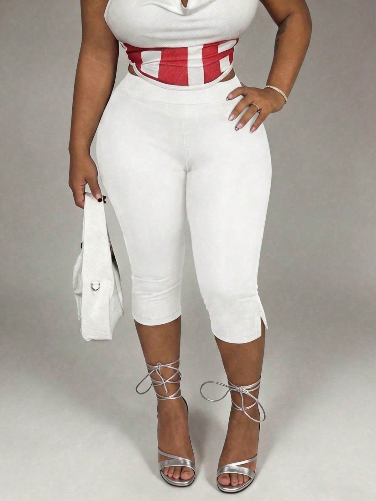 Solid Color Slim Fit Cropped Pants With Side Slit Hem, Lightweight Casual Wear For Spring/Summer Outings And Dates White