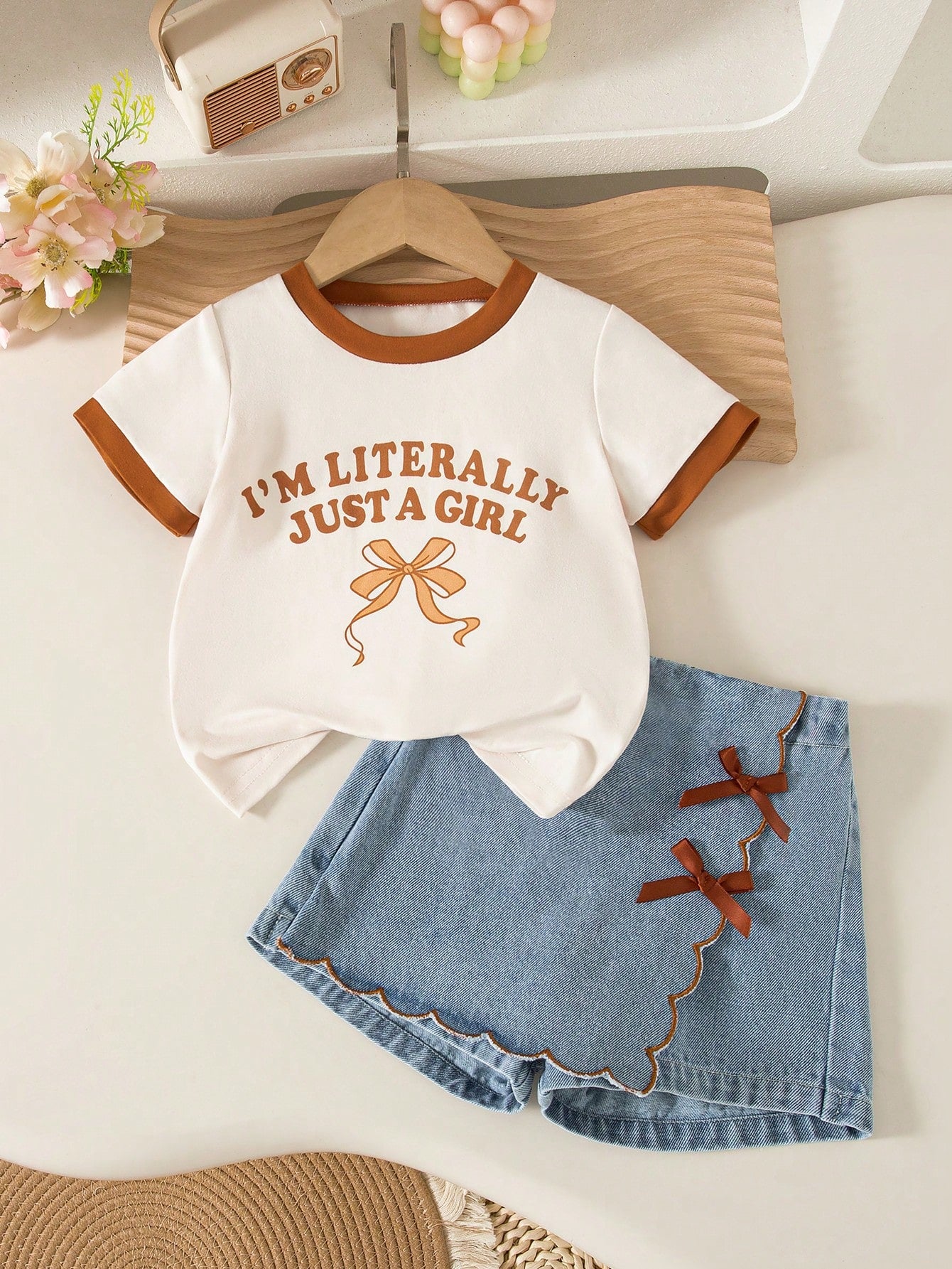 Souflis Souflis Cute Baby Girls Multicolor Round Neck Short Sleeve Letter Embroidered Tee With Scallop Trim Shorts Co-Ord Set