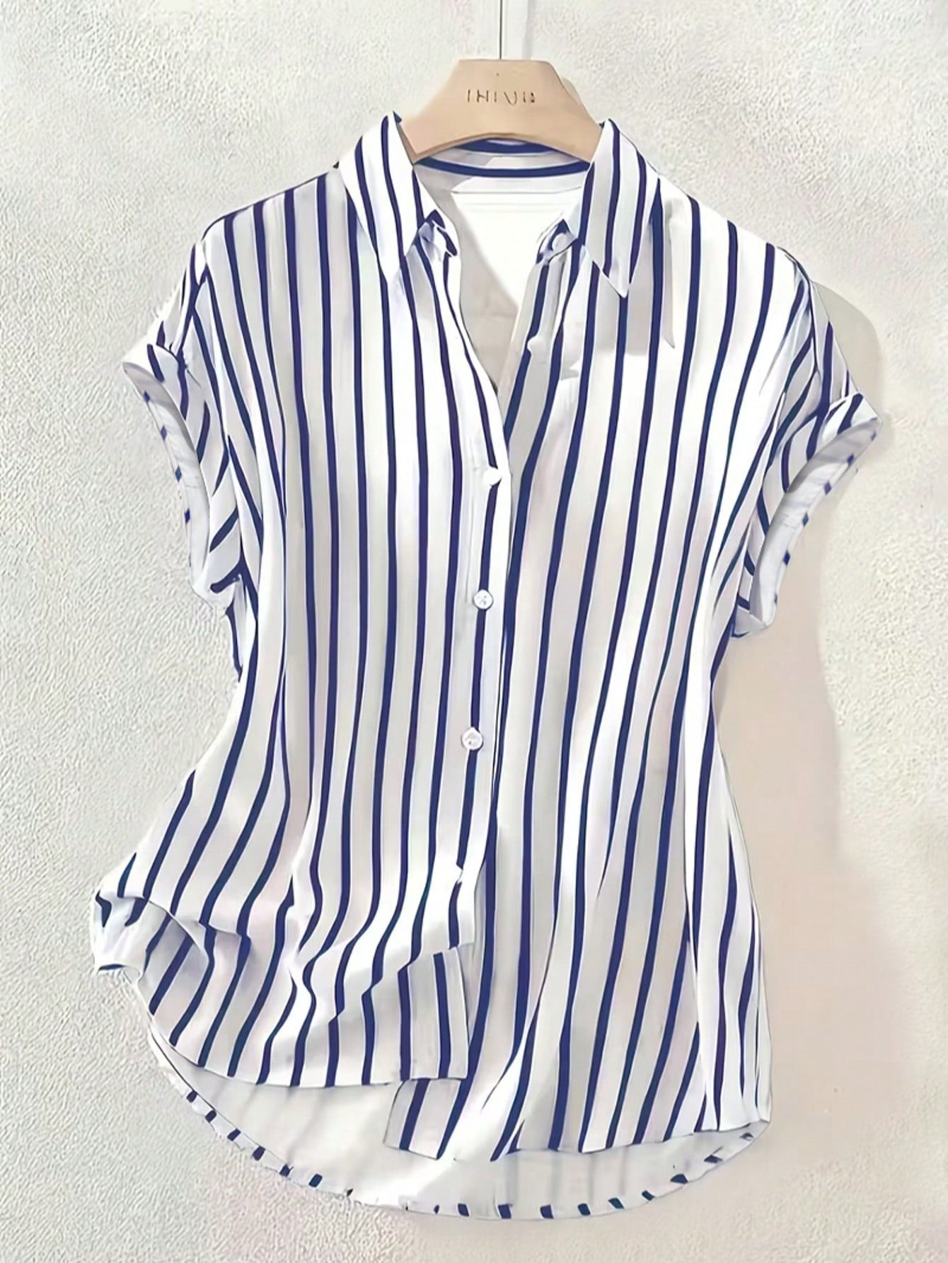 Summer Fashion Striped Single-Breasted Drop Shoulder Short Sleeve Shirt, Polyester Contrast Color Front Button Closure, Short Front Long Back Design