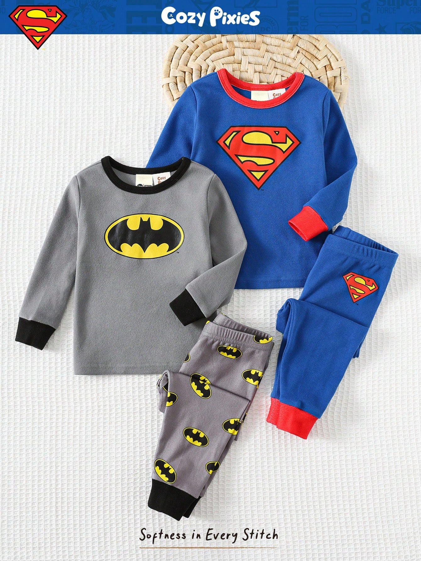 SUPERMAN X Cozy Pixies 4pcs Baby Boy Cute Cartoon Print Soft Knit Crew Neck Long Sleeve Top And Pants Snug Fit Pajama Set,Blue Summer Carrer Day Autumn Winter Nightwear