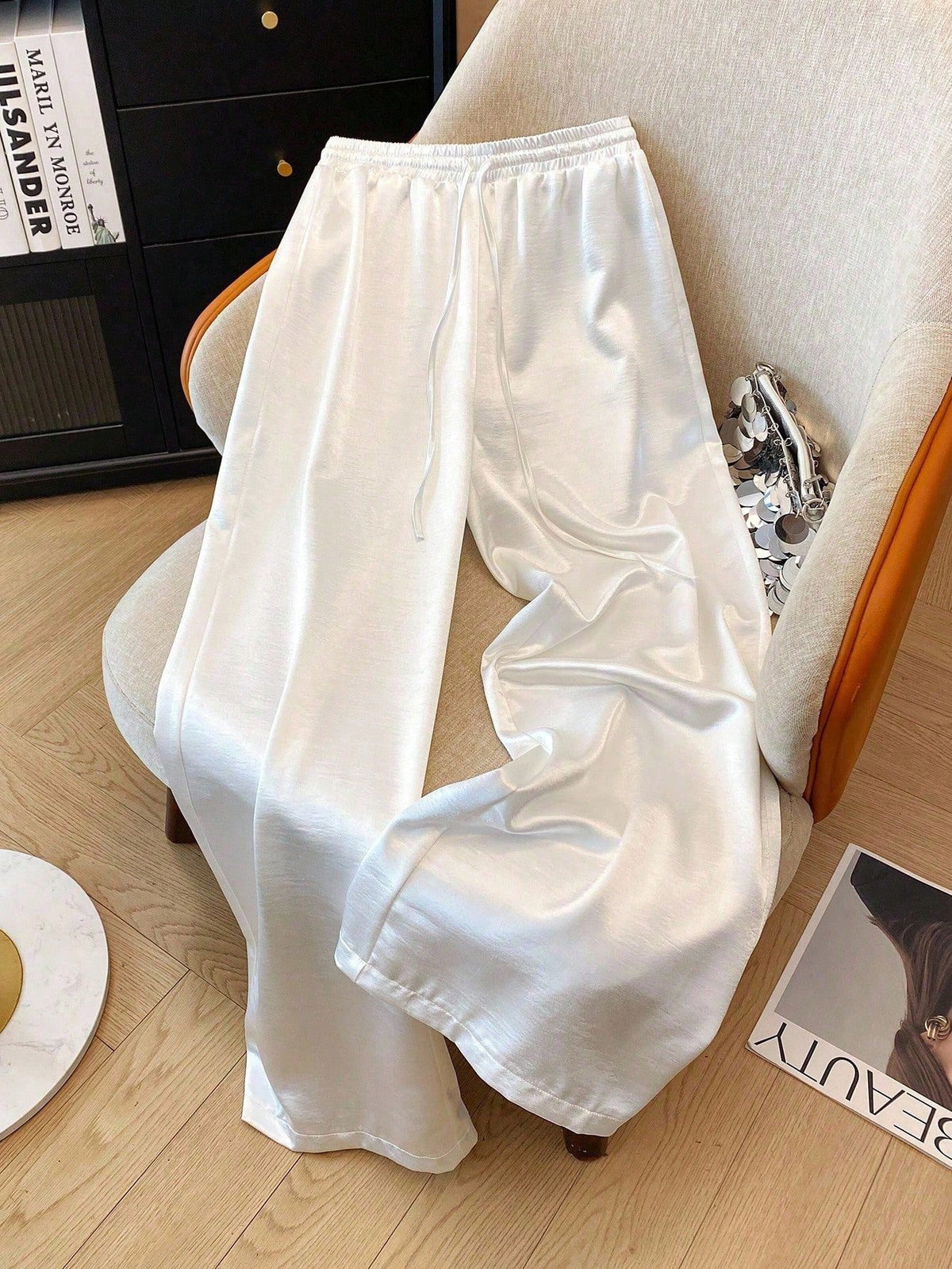 Suri Mira Elegant Casual Straight-Leg Glossy Woven Waist-Tie Women's White Pants, Spring/Summer Fall Cloth For Women