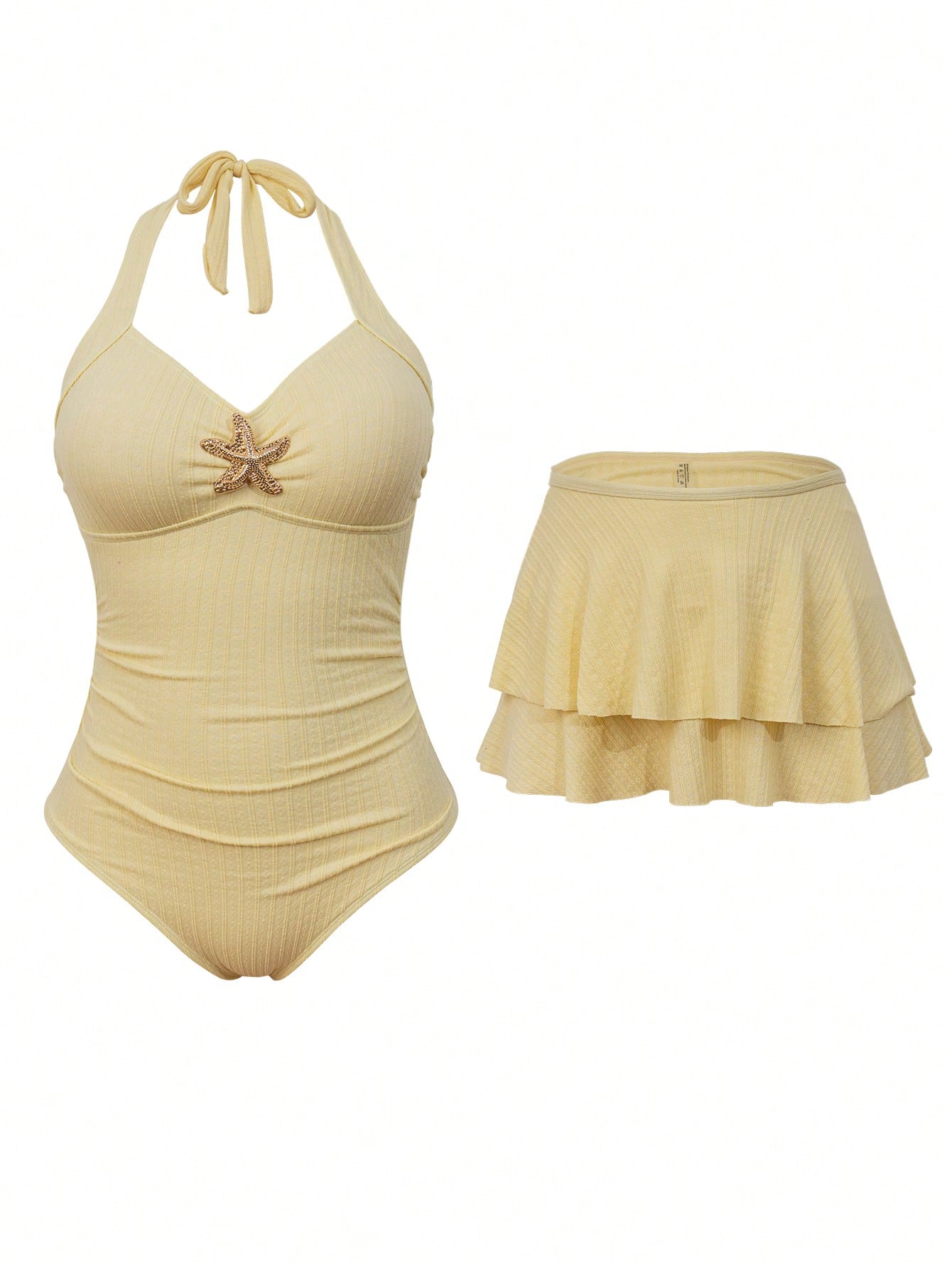 Sweetra Plus Size Women 2pcs Swimsuit Set, Summer Holiday Special Fabric Metallic Starfish Decor Halter One-Piece Swimsuit With Cover-Up & Skirt