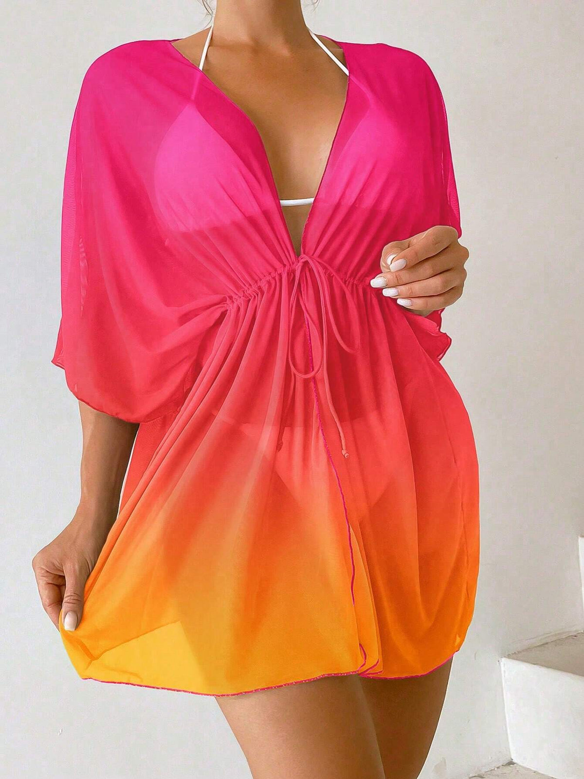 Swim Lushoire Ombre Drawstring Waist Batwing Sleeve Mesh Kimono,Summer Beach