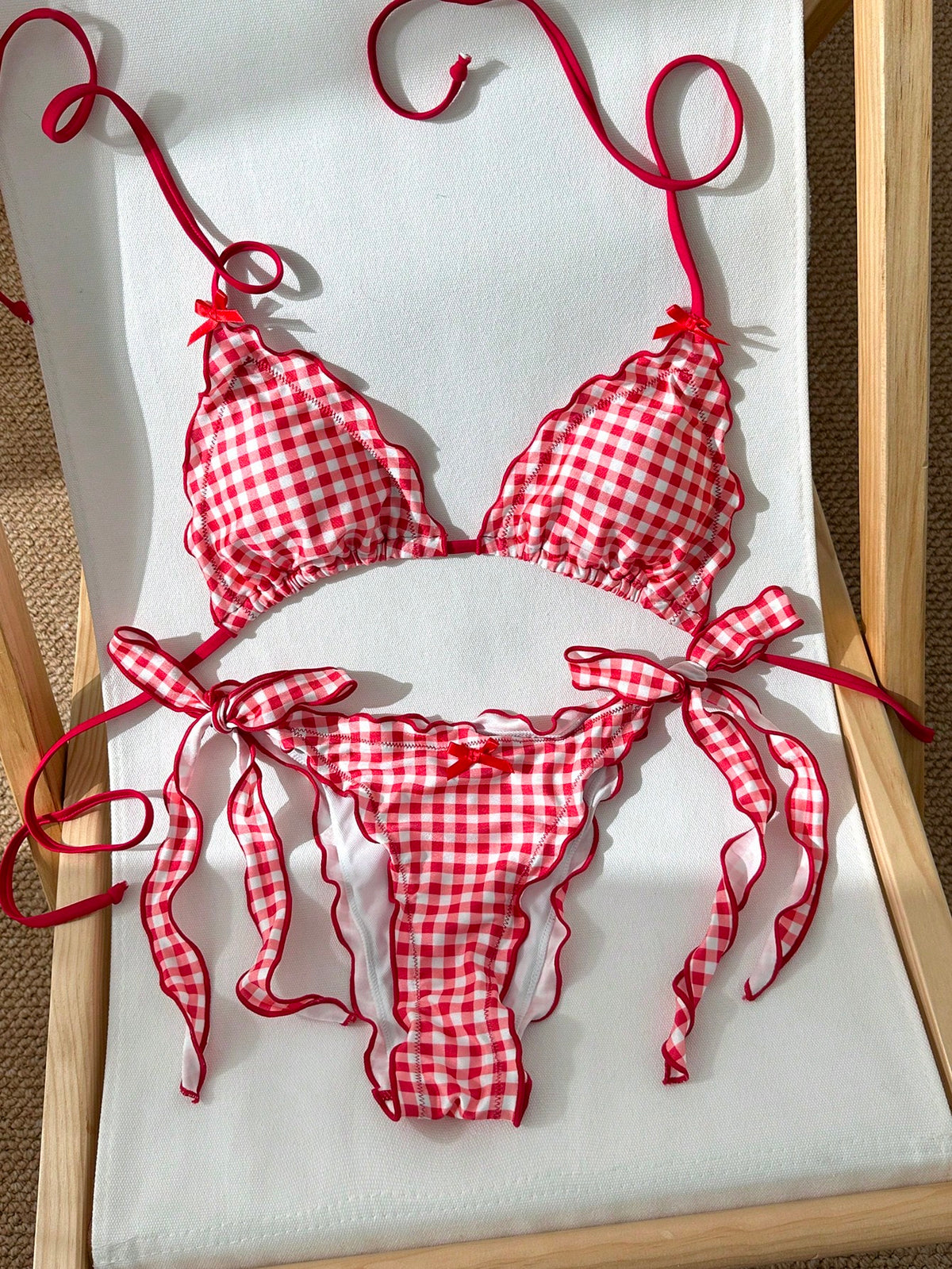 Swim Mod 2pcs Women's Bikini Set,Cute Red And White Striped Gingham Retro Swimwear,Side Tie Waist Cinching Bust Enhancing Summer Beach Party Holiday Vacation