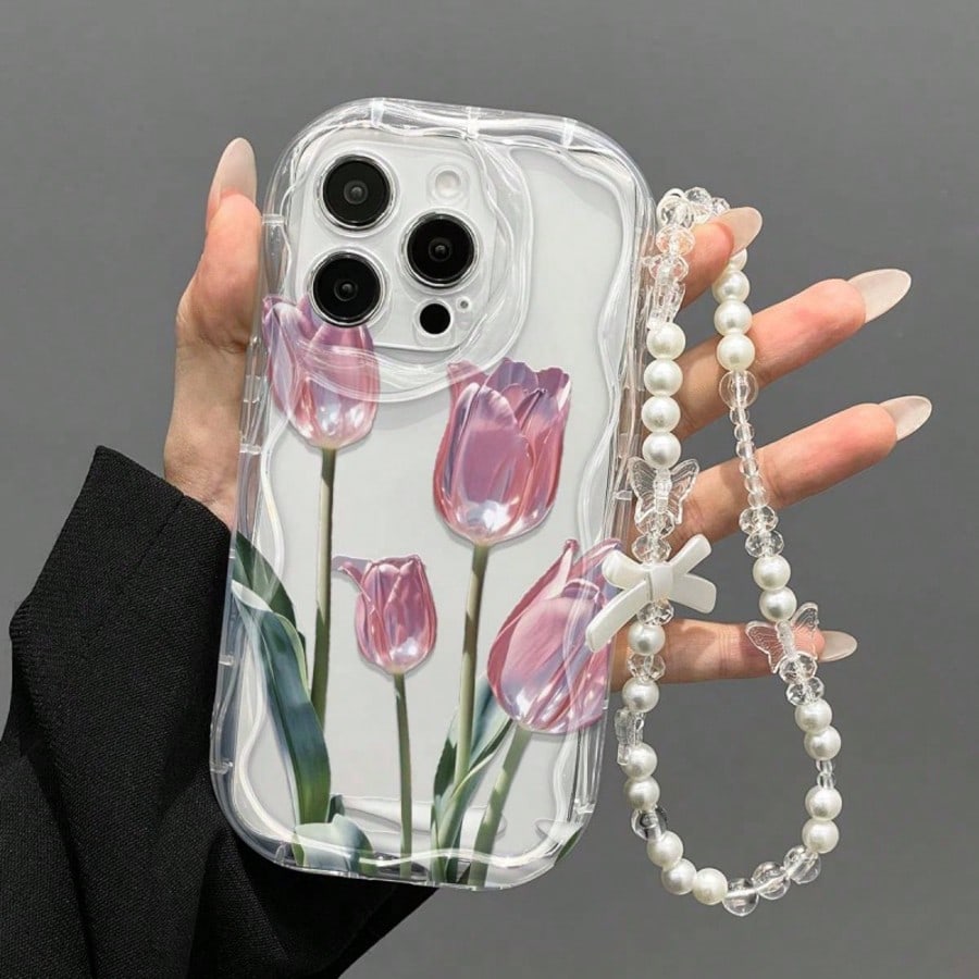 Transparent Wavy Edge Pink Tulip Phone Case, Fresh Floral Print With Pearl Bow Charm Chain, Full Coverage Anti-Drop Soft Shell Compatible With 17/17 Pro/17 Pro Max, 16/15, 15 Pro Max, 13/14/11/12/14 P
