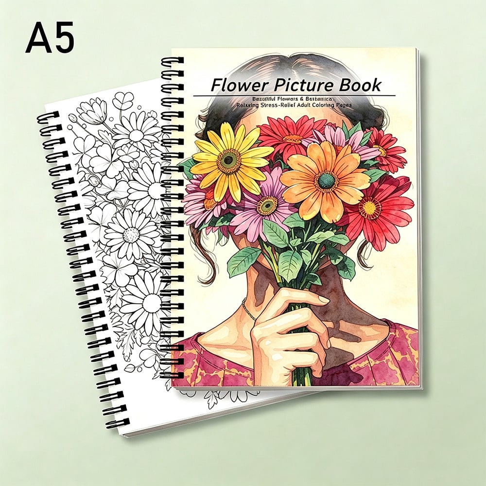 Travel Size Floral Adult Picture Book, A5 Spiral Bound Pocket Notebook With Thick No-Bleed Paper For Stress Relief