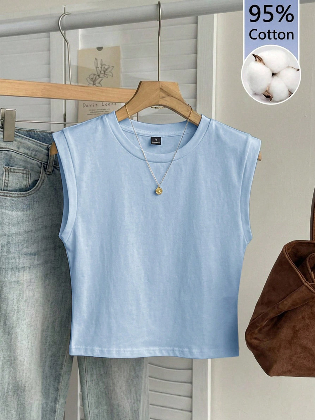 Tseoso 95% Cotton Women's Casual Round Neck Cropped Sleeveless Tank Top Suitable For Summer Light Blue