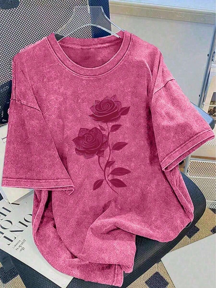 Vintage Washed Unisex Rose Pattern Vintage Washed Cotton T-Hirt, Pink Ummer Tops Free People Inspired Clothes Graphic Tees Women Vestidos Elegantes