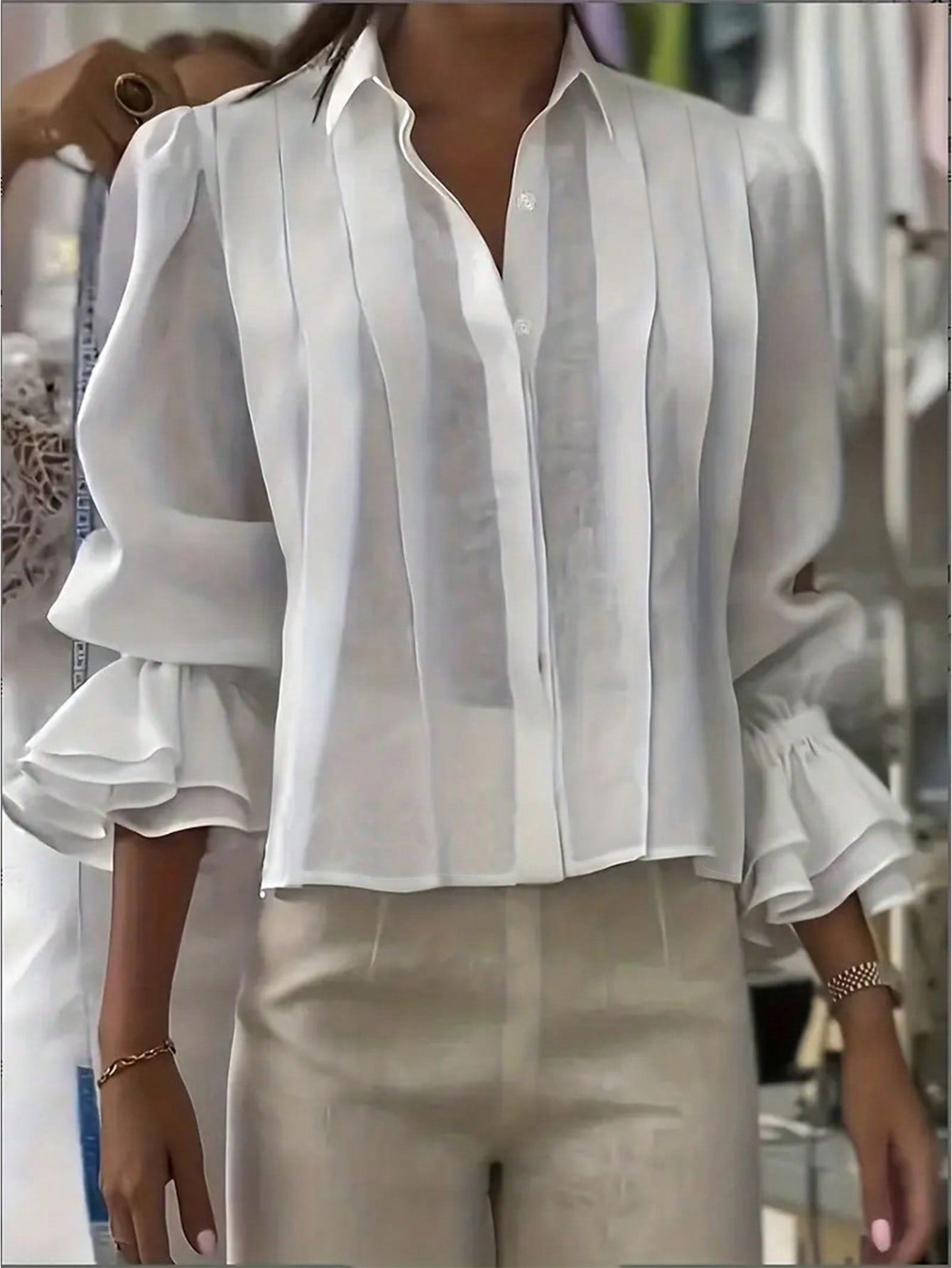 Women's Fashion Lapel Flare Sleeve Shirt, Ruffle Design Loose Blouse, Solid Color Woven Fabric Front Button Casual Office Everyday Wear, Spring Autumn White