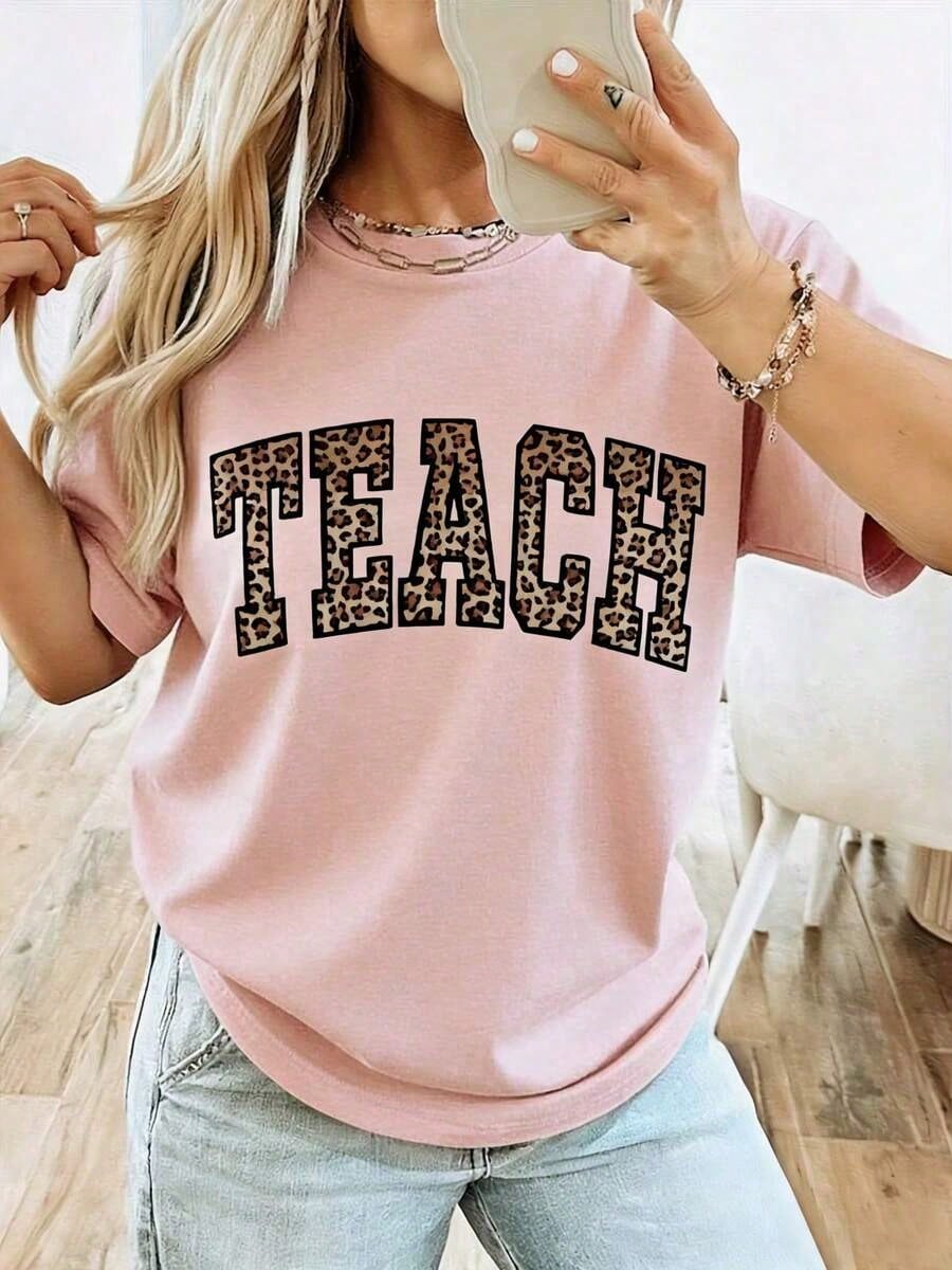 Women's Leopard Print Teacher T-Shirt- Comfortable Round Neck Short Sleeve With LEOPARD SPOT TEACH Design And School Team Letters- Casual Top