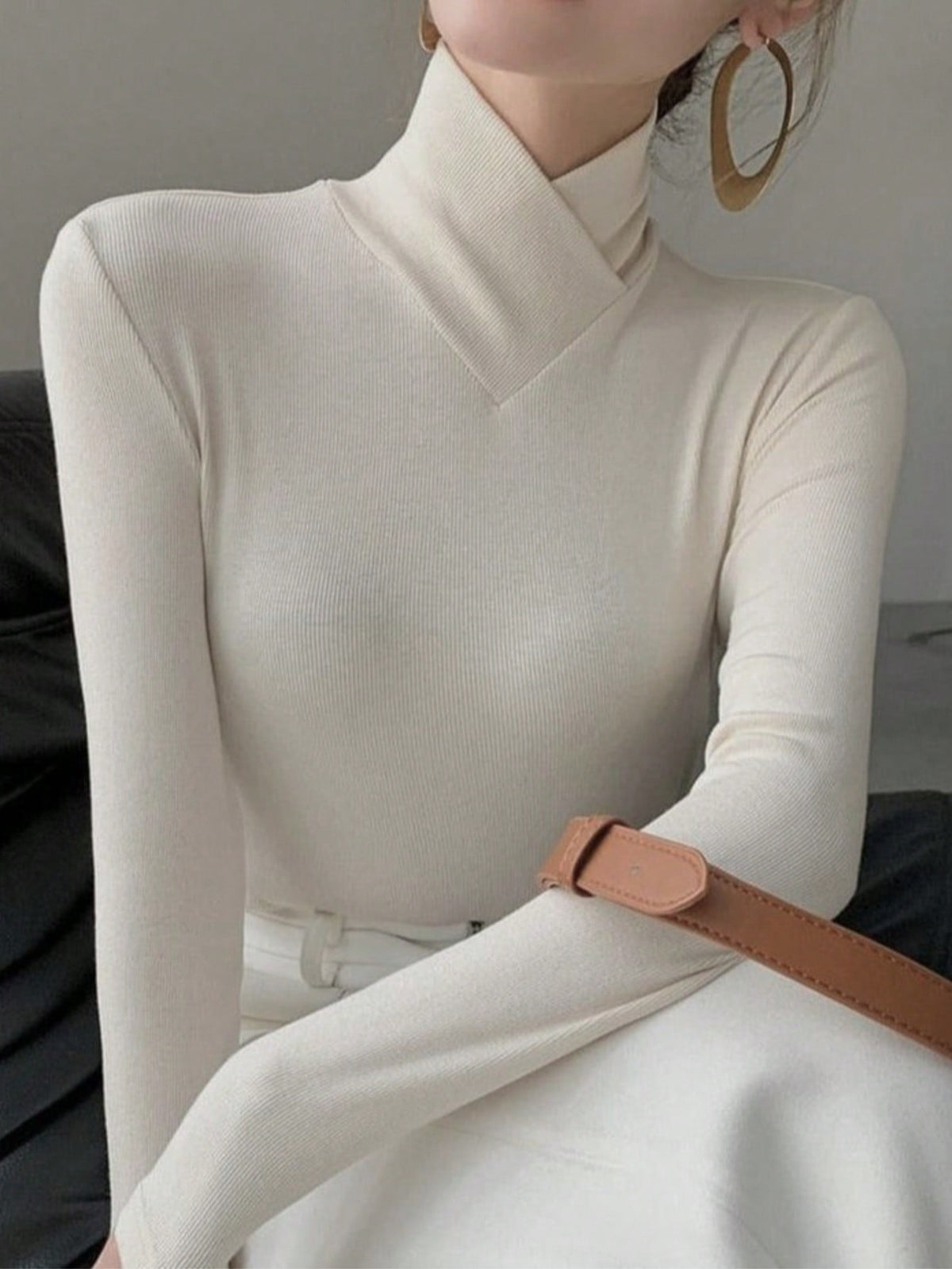 Women's Solid Color Knitted Cross Design Stand Collar Base Layer T-Shirt Top Office New Year Top Autumn/Winter New Arrival Casual