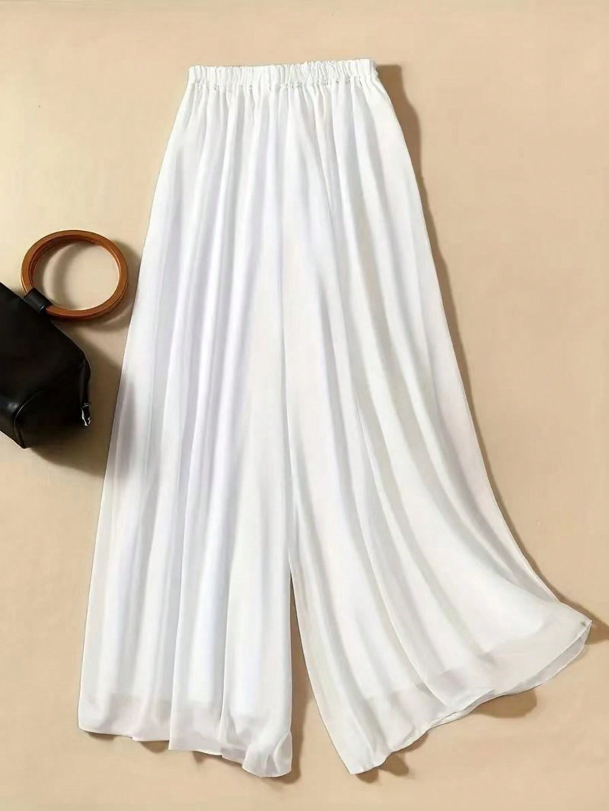 Women's Solid Color Sheer Chiffon Casual Loose High Waist Wide Leg Pants, Suitable For Spring/Summer White