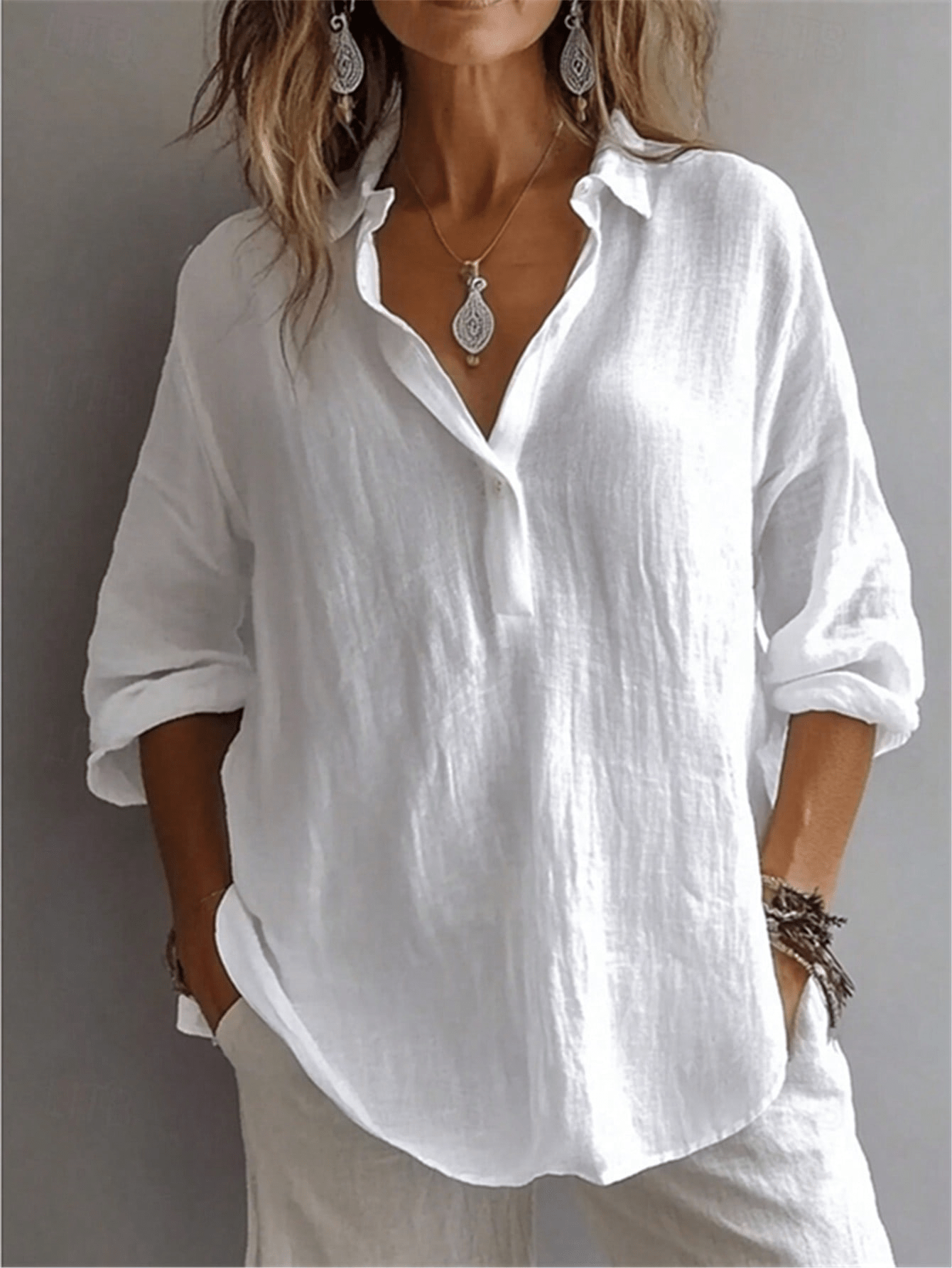 Women's Solid Color Shirt, Casual Long Sleeve Bishop Sleeve Collared Blouse, Regular Buttoned Closure White Spring, Office Siren