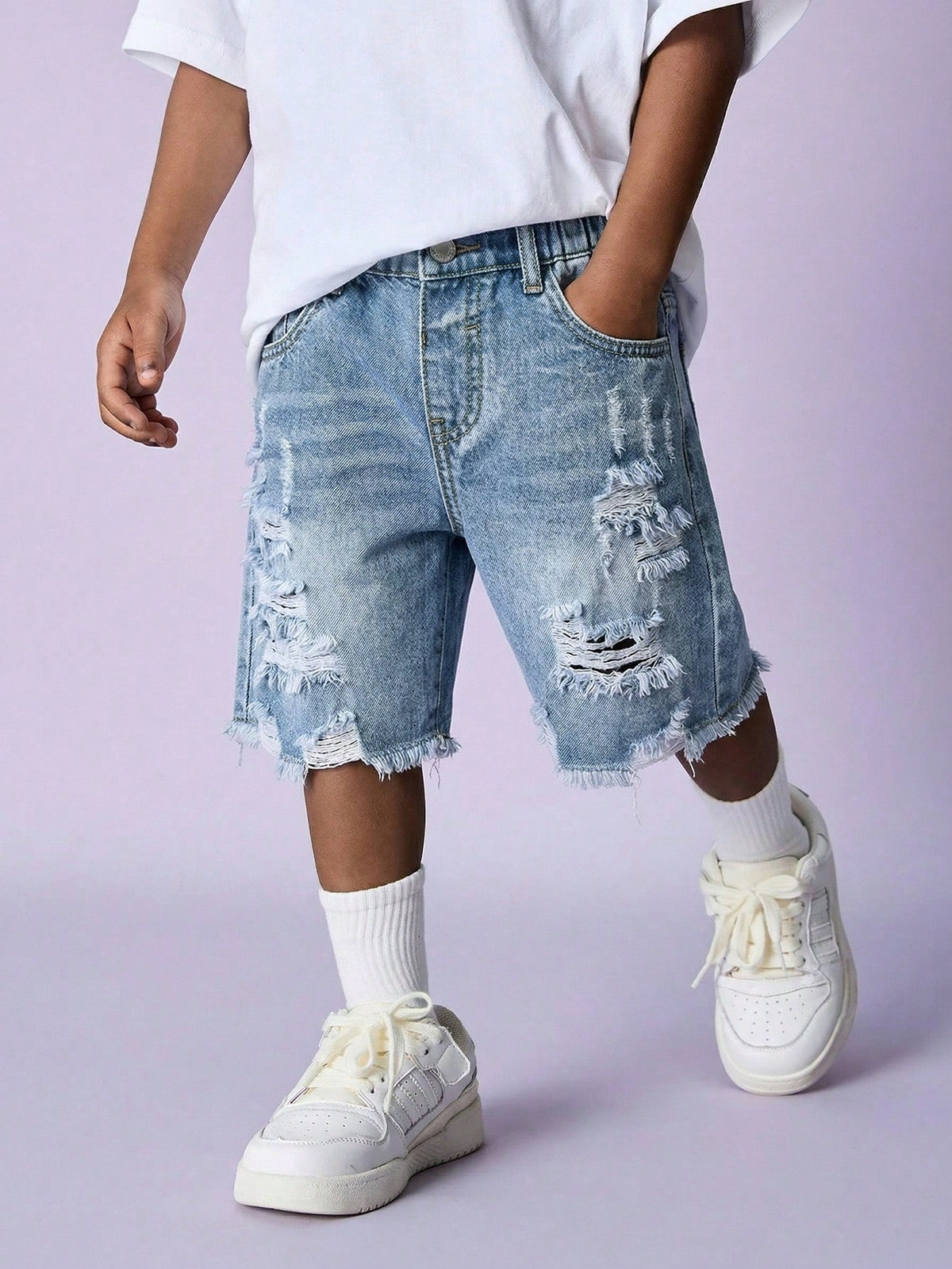 Young Boy New Fashion Distressed Casual Basic Ripped Frayed Loose Fit Blue Denim Jeans Shorts Spring Summer,For Kids Boys Spring/Summer Dailywear,Boys Streetwear,Beach Vacation For Boys,Boys Sum