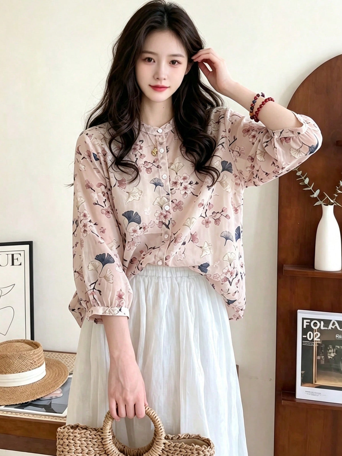 YUXIN Women's Loose Retro Ditsy Floral V-Neck 3/4 Sleeve Blouse, Summer Vacation Pink Spring