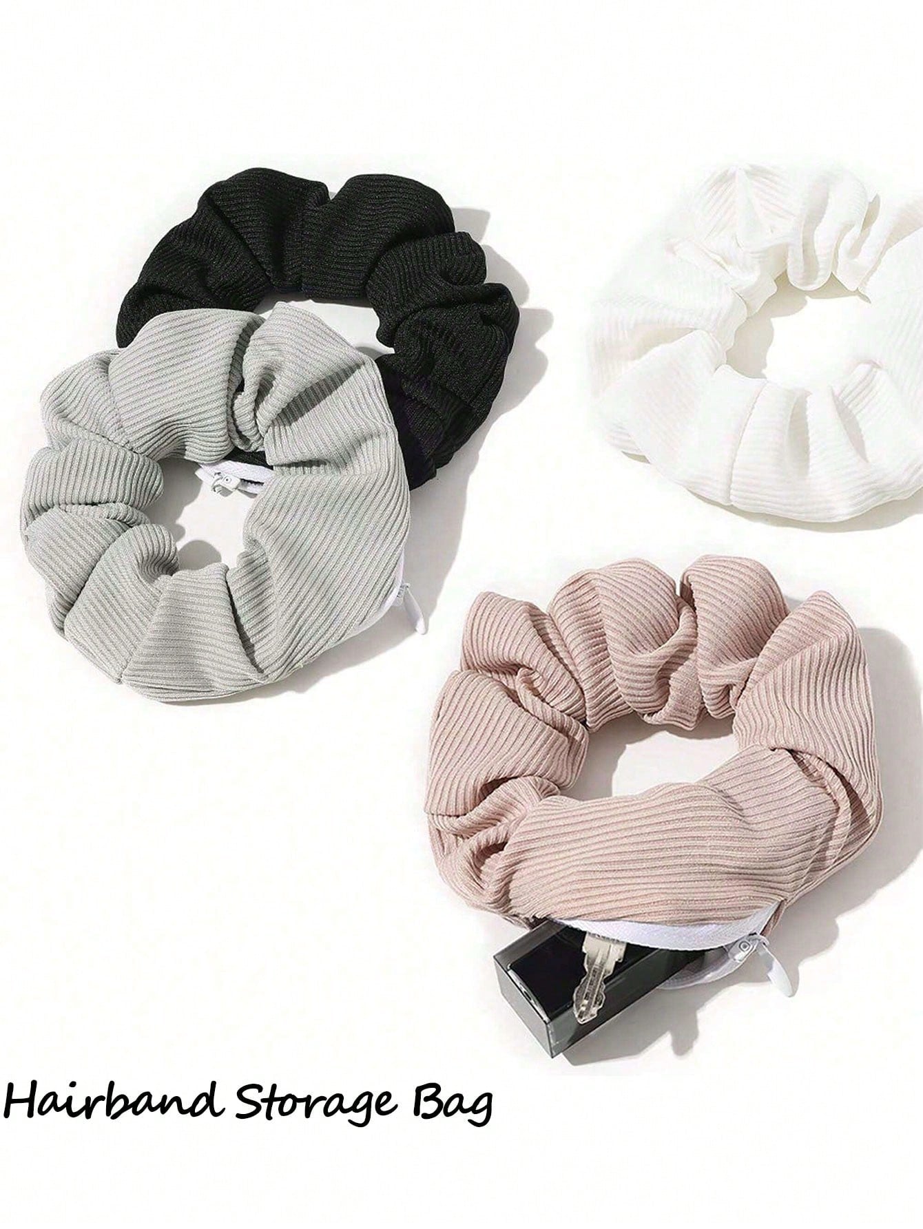 Zipper Hair Scrunchie, Multi-Functional Hair Band Storage Bag- Hidden Zipper Pocket Hair Scrunchie- Solid Color Minimalist Hair Scrunchie With Secret Storage