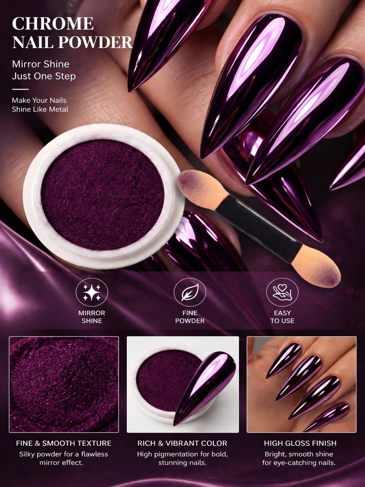 0.5g/Bottle Purple Mirror Nail Powder, Metallic Glossy Nail Art, Fine Texture Nail Decoration Powder For Creating Mirror Effect Nails, DIY Nail Salon Nail Accessories