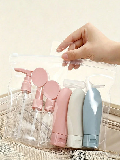 1/11pcs Macaron Color Travel Refillable Dispenser Bottle Set, Includes Funnel And Scraper, Leak-Proof Space-Saving Easy To Fill, Suitable For Business Trips, Camping, Vacation, Office Workers, Student