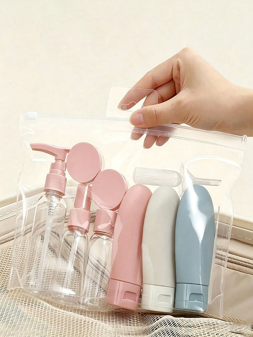 1/11pcs Macaron Color Travel Refillable Dispenser Bottle Set, Includes Funnel And Scraper, Leak-Proof Space-Saving Easy To Fill, Suitable For Business Trips, Camping, Vacation, Office Workers, Student