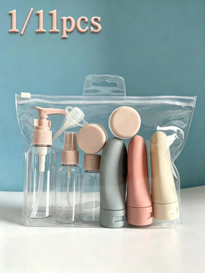 1/11pcs Macaron Color Travel Refillable Dispenser Bottle Set, Includes Funnel And Scraper, Leak-Proof Space-Saving Easy To Fill, Suitable For Business Trips, Camping, Vacation, Office Workers, Student
