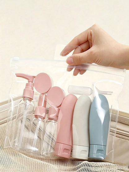 1/11pcs Macaron Color Travel Refillable Dispenser Bottle Set, Includes Funnel And Scraper, Leak-Proof Space-Saving Easy To Fill, Suitable For Business Trips, Camping, Vacation, Office Workers, Student