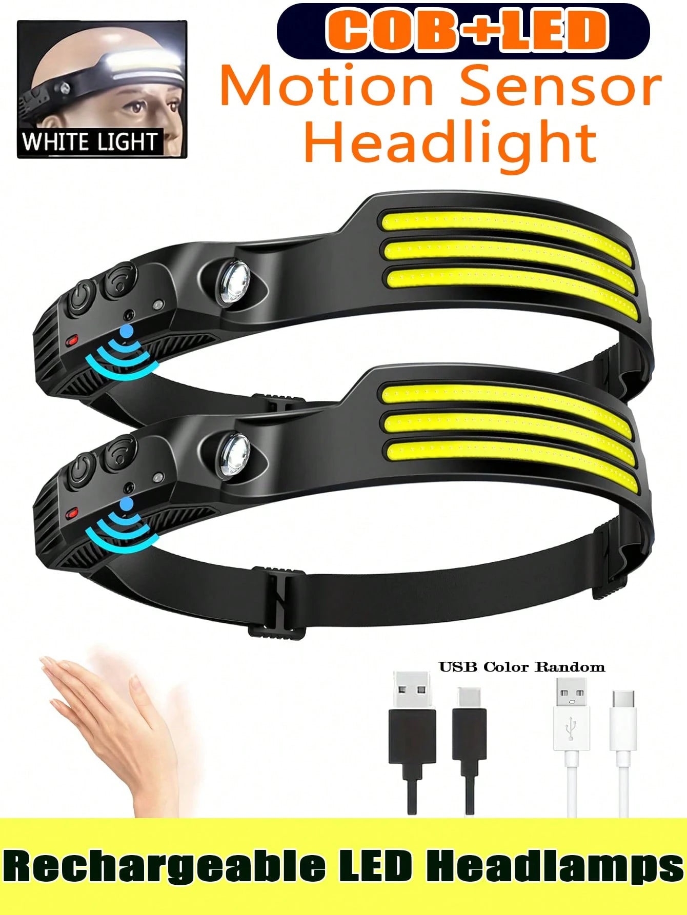 1/2/3 Packs Rechargeable LED Headlamps – High-Power USB Headlights COB Floodlight & Motion Sensor – Super Bright, Adjustable Beam, Water-Resistant – Ideal For Camping, Work, Fishing, Biking, Running