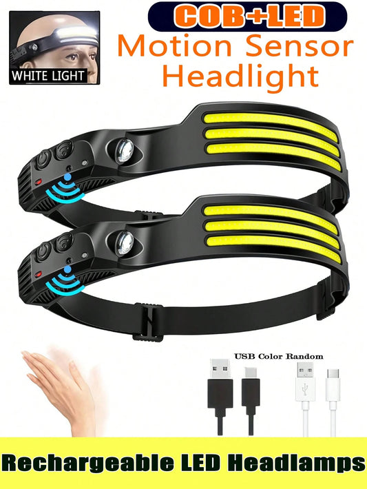 1/2/3 Packs Rechargeable LED Headlamps – High-Power USB Headlights COB Floodlight & Motion Sensor – Super Bright, Adjustable Beam, Water-Resistant – Ideal For Camping, Work, Fishing, Biking, Running