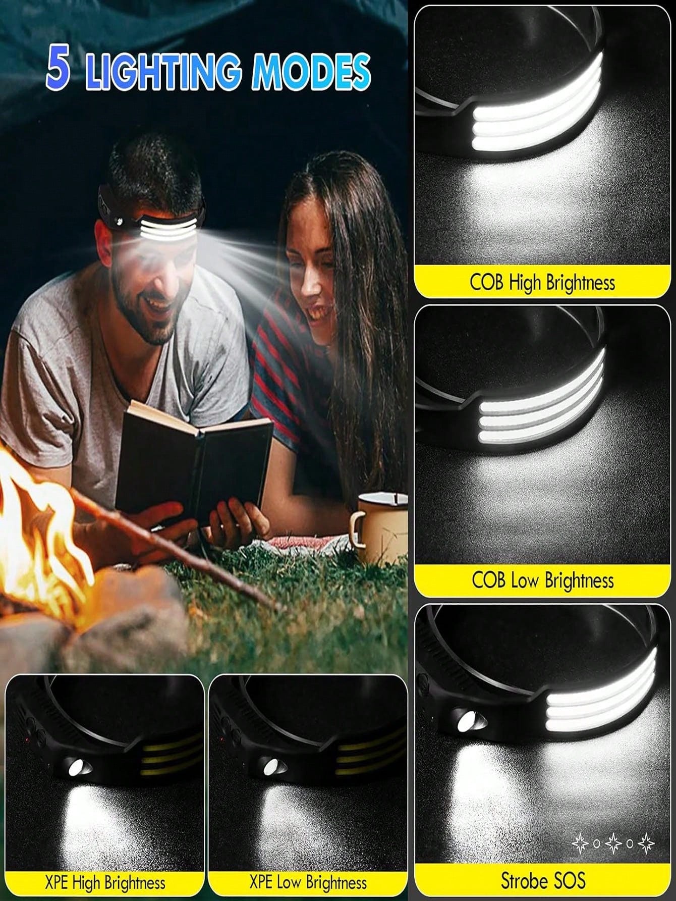 1/2/3 Packs Rechargeable LED Headlamps – High-Power USB Headlights COB Floodlight & Motion Sensor – Super Bright, Adjustable Beam, Water-Resistant – Ideal For Camping, Work, Fishing, Biking, Running
