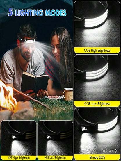 1/2/3 Packs Rechargeable LED Headlamps – High-Power USB Headlights COB Floodlight & Motion Sensor – Super Bright, Adjustable Beam, Water-Resistant – Ideal For Camping, Work, Fishing, Biking, Running