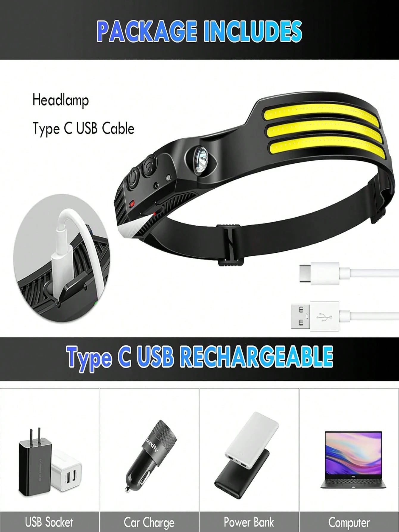 1/2/3 Packs Rechargeable LED Headlamps – High-Power USB Headlights COB Floodlight & Motion Sensor – Super Bright, Adjustable Beam, Water-Resistant – Ideal For Camping, Work, Fishing, Biking, Running